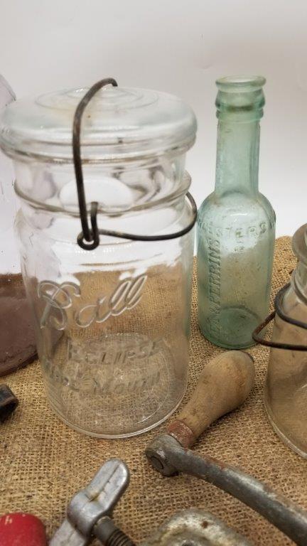 ANTIQUE JARS, AND PRIMITIVE KITCHEN COLLECTIBLES