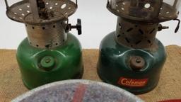 TWO VINTAGE COLEMAN LANTERNS AND A GALVANIZED CANTEEN
