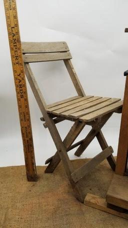 CIDER PRESS, SMALL WOODEN FOLDING CHAIR, LARGE MILKING BUCKET