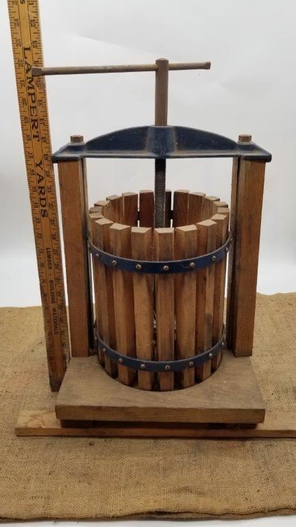 CIDER PRESS, SMALL WOODEN FOLDING CHAIR, LARGE MILKING BUCKET