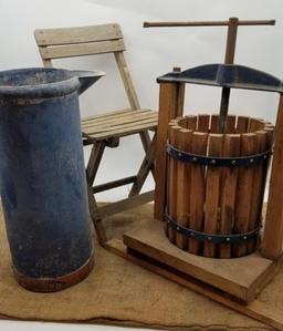 CIDER PRESS, SMALL WOODEN FOLDING CHAIR, LARGE MILKING BUCKET