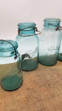 ANTIQUE BLUE BALL AND SELCO COLLECTIBLE JARS