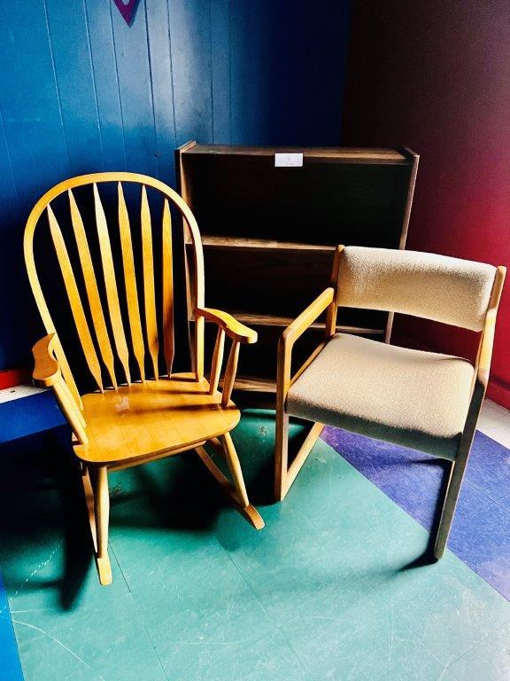 WOOD ROCKING CHAIR, SHELF AND ACCENT CHAIR