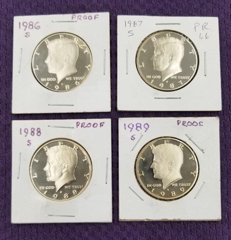 4 CAMEO PROOF KENNEDY HALF DOLLARS. CLAD.