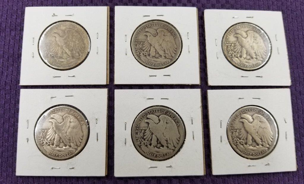 6 CIRCULATED WALKING LIBERTY HALVES.  GREAT 90% COINS.