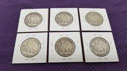 6 CIRCULATED WALKING LIBERTY HALVES.  GREAT 90% COINS.