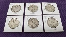 6 CIRCULATED WALKING LIBERTY HALVES.  GREAT 90% COINS.