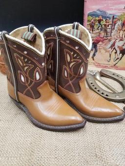 VINTAGE KIDS COWBOY BOOTS, WESTERN BELTS, HORSE SHOE KNOCKER LOT