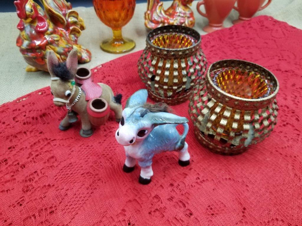 VINTAGE ART GLASS, CERAMIC DONKEYS, CERAMIC ROOSTERS LOT