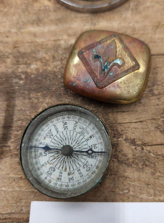 BRONZE ROME WHISTLE, COMPASSES, BELT BUCKLES