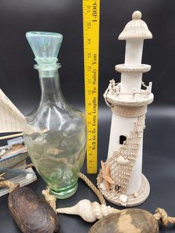 WOOD BUOYS, MURANO BLUE GLASS DOLPHIN, SHELLS, DECANTER VASE