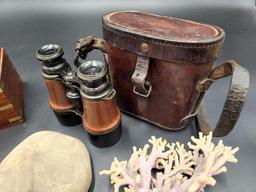 CORAL, SHELLS, ANTIQUE BINOCULARS AND COMPASS
