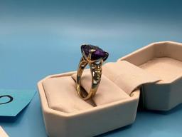 10K Gold Elephant Carved Ring with Large Amethyst