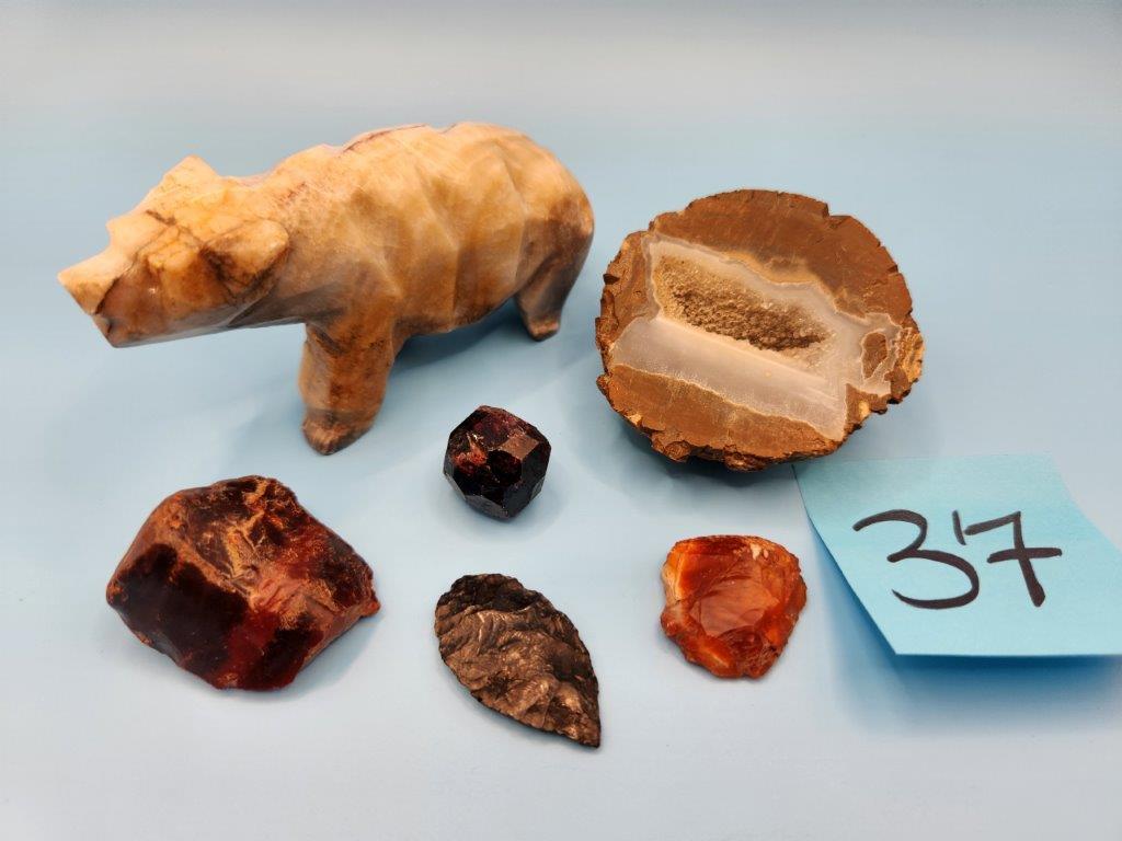 Large Rough Cut Garnet, Carved Stone "Bear", Geode, Arrowhead, and more