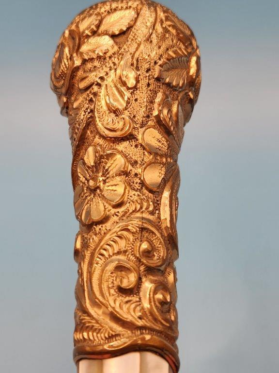 Antique Ornately Carved Gold with Mother of Pearl Cane Handle