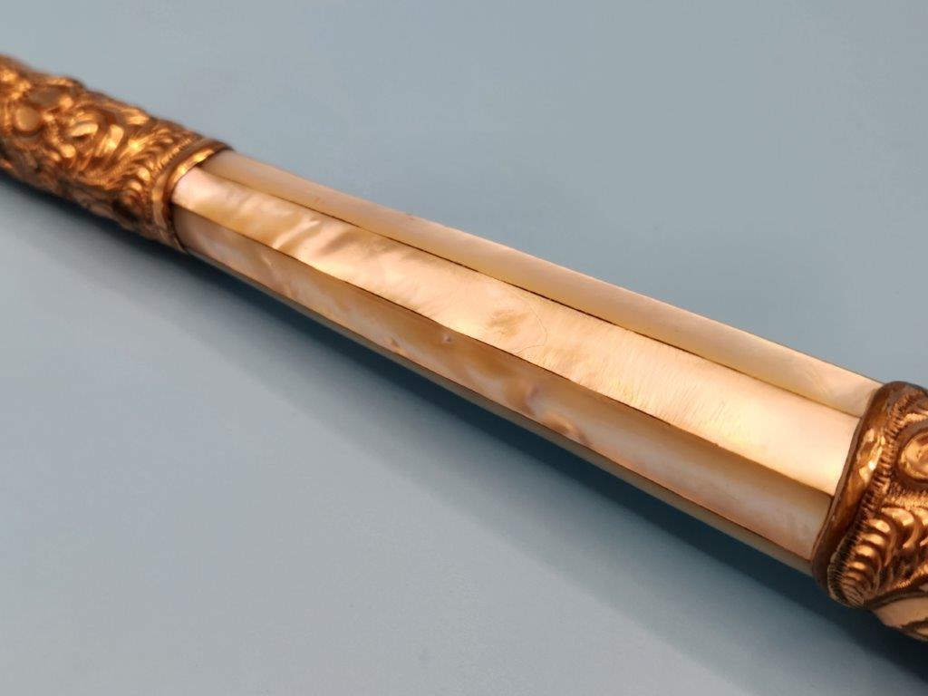 Antique Ornately Carved Gold with Mother of Pearl Cane Handle