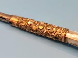 Antique Ornately Carved Gold with Mother of Pearl Cane Handle