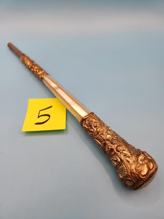 Antique Ornately Carved Gold with Mother of Pearl Cane Handle