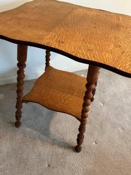 Tiger Wood Side Table, Turned Spindle Legs, Lower Shelf