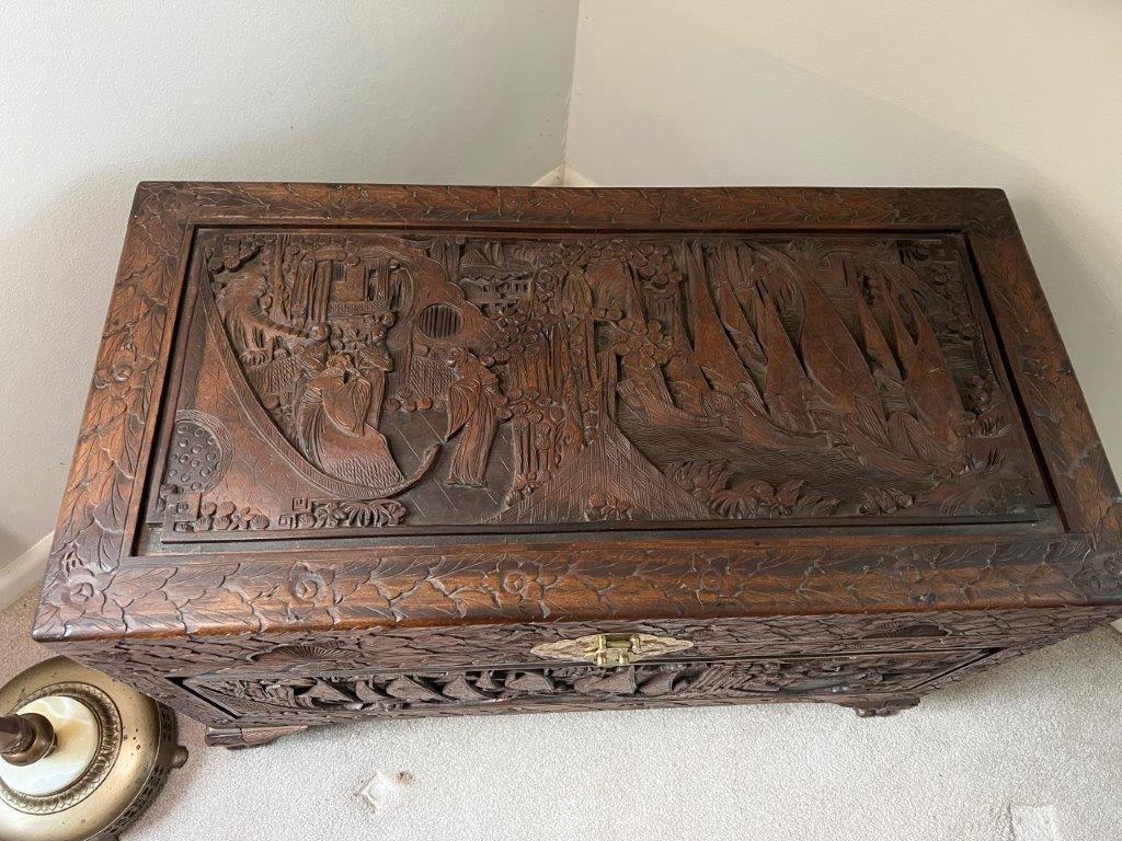 Oriental Style Hand Carved/Footed Trunk