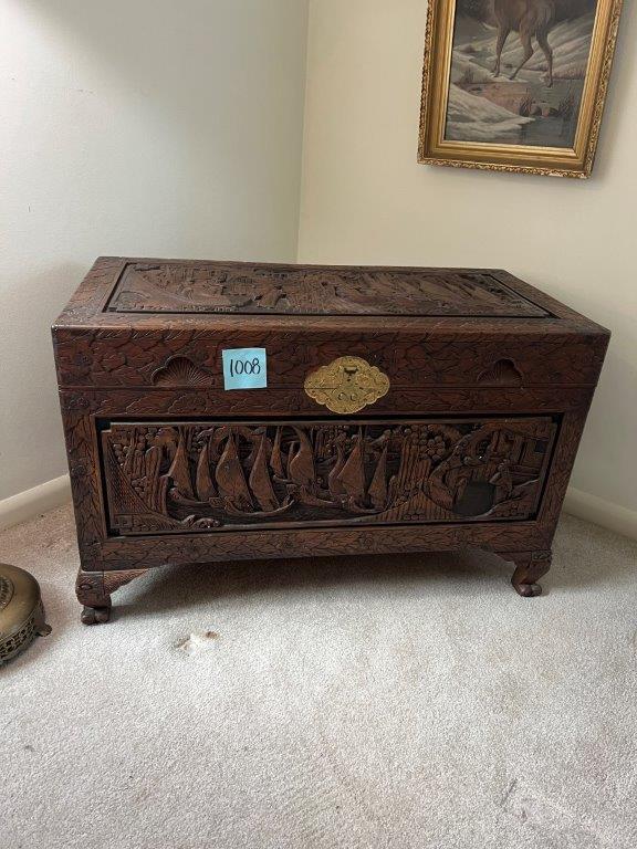 Oriental Style Hand Carved/Footed Trunk