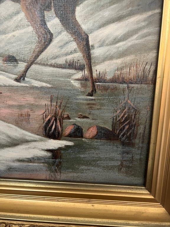 Framed Winter Scene with Elk Artwork