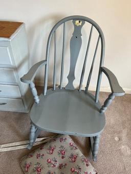 Blue 4 Drawer Dresser, Blue Rocker, and Floral Cushion