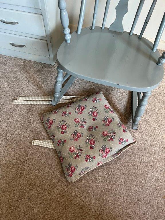 Blue 4 Drawer Dresser, Blue Rocker, and Floral Cushion