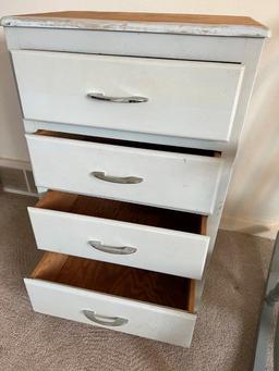 Blue 4 Drawer Dresser, Blue Rocker, and Floral Cushion