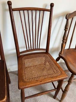 3 Spindle Back Wood Chairs, 1 has "caned" woven seat