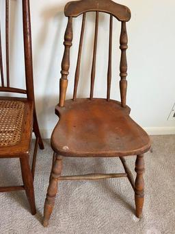 3 Spindle Back Wood Chairs, 1 has "caned" woven seat