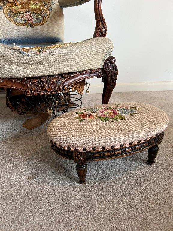 Floral Upholstered Armchair and Footstool