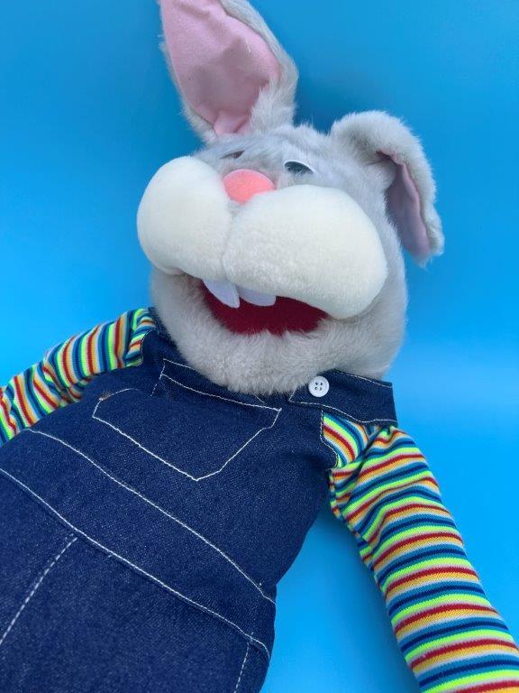 Blue Overalls Plush Rabbit Puppet