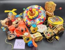 Vintage Fisher Price Pull Toys and Ohio Art Co Top