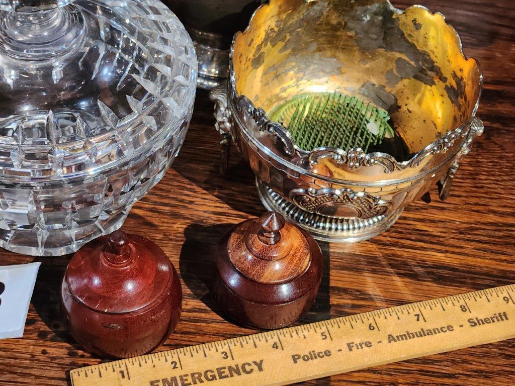 Cut Glass Lidded Candy Dish, Ball Shape Lidded Wood Dish