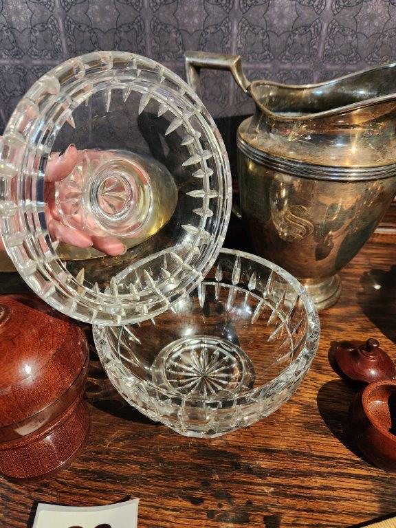 Cut Glass Lidded Candy Dish, Ball Shape Lidded Wood Dish