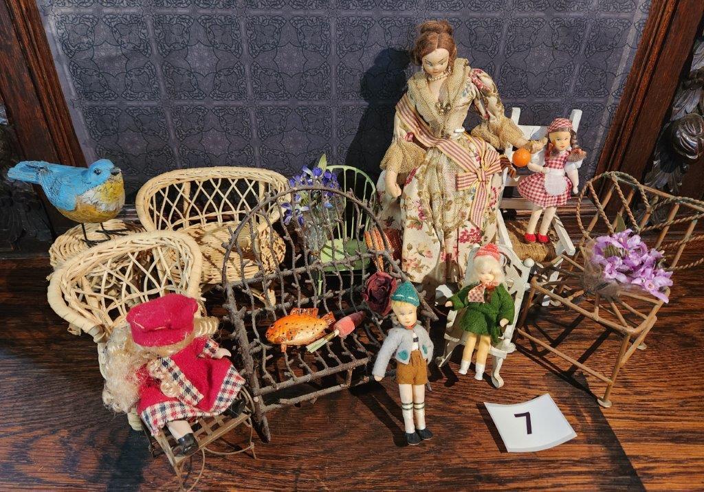 Assortment of Doll Chairs, Dolls, Bird Figurine