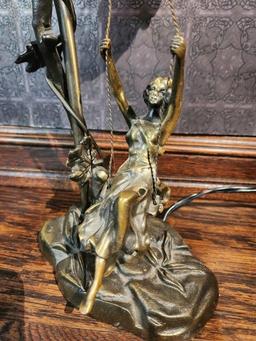 Art Deco style M Moreau Bronze Tulip Lamp "Girl on Swing"
