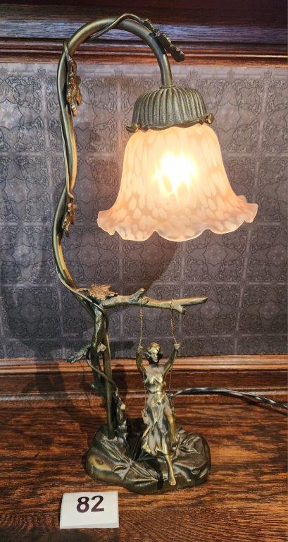 Art Deco style M Moreau Bronze Tulip Lamp "Girl on Swing"