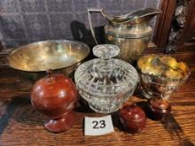 Cut Glass Lidded Candy Dish, Ball Shape Lidded Wood Dish