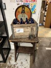 Rustic Wood Side Table, Crate, Bottles, and Tray