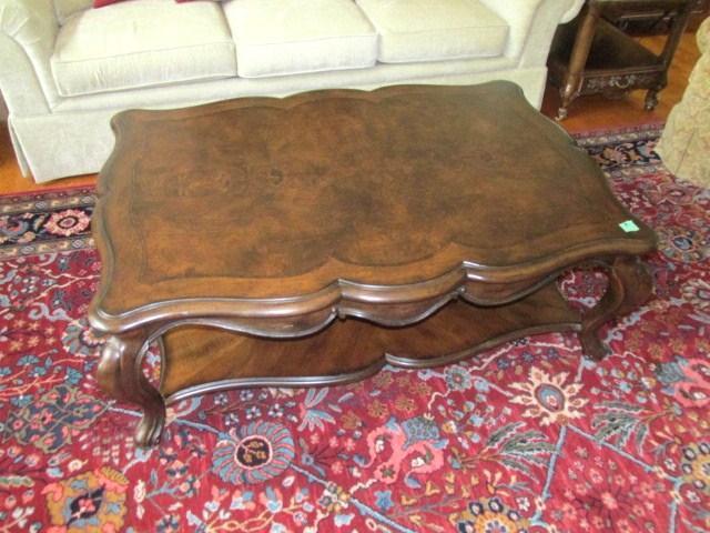 Thomasville Walnut 2-tier scalloped edge coffee table, 52"L x 36"W x 18"H