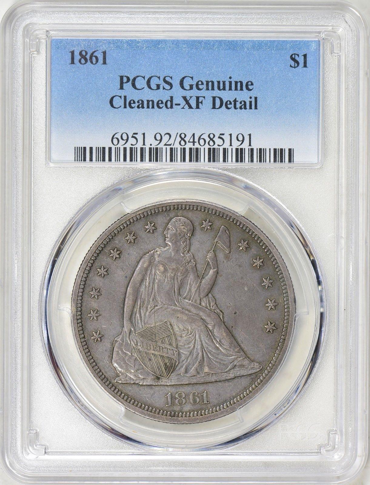1861 LIBERTY SEATED DOLLAR PCGS XF DETAILS CLEANED