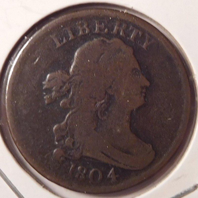 1804 PLAIN 4 STEMLESS DRAPED BUST HALF CENT FINE