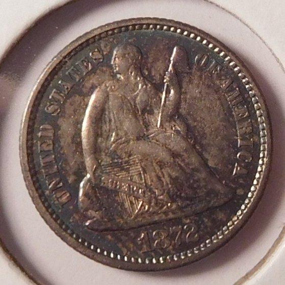 1872 LIBERTY SEATED HALF DIME AU-58