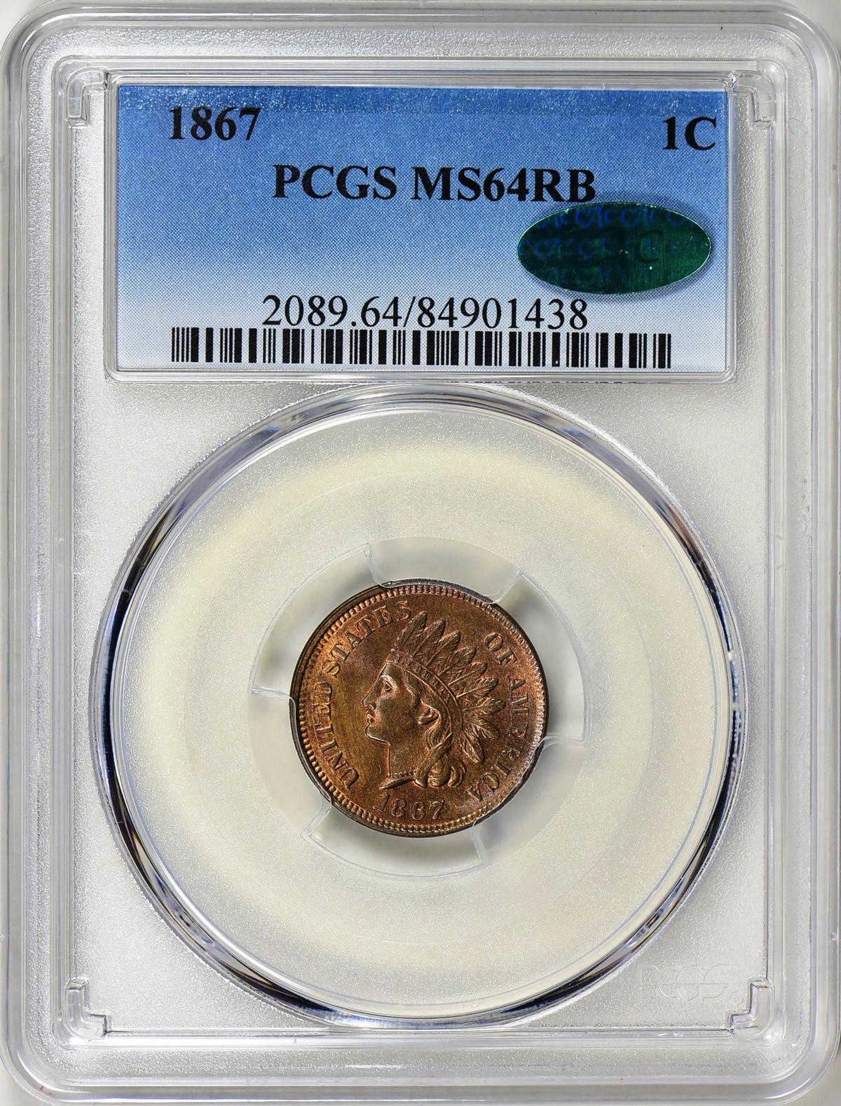 1867 INDIAN CENT PCGS MS-64 RED BROWN CAC