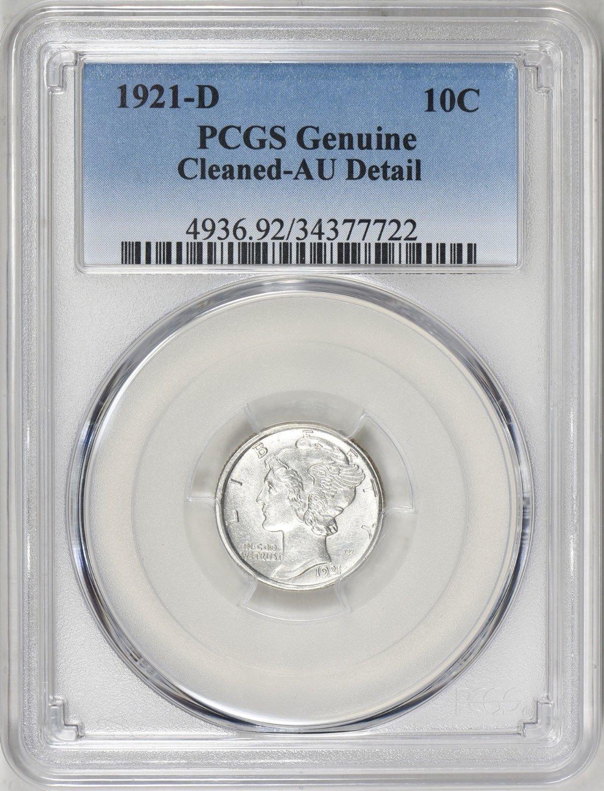 1921-D MERCURY DIME PCGS AU++ DETAILS CLEANED