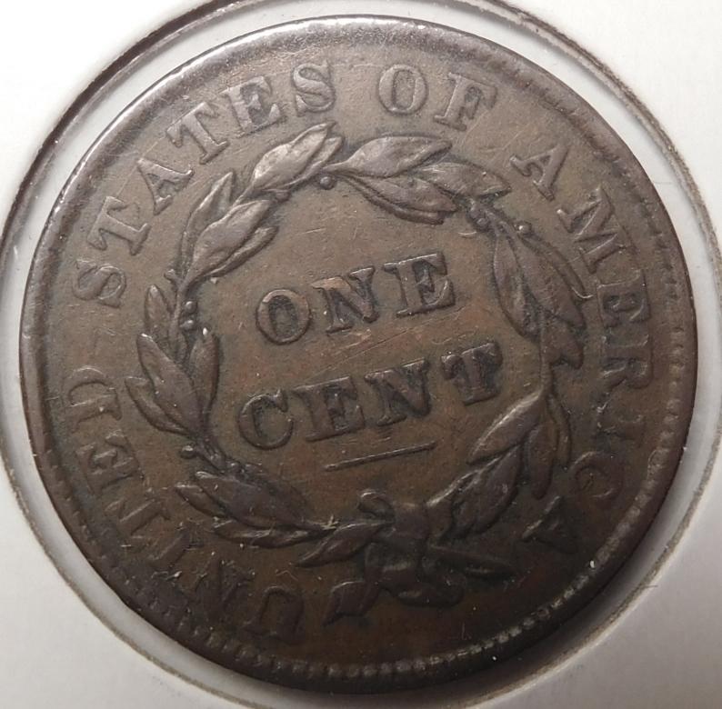 1837 PLAIN CORD MED. LETTERS LARGE CENT XF