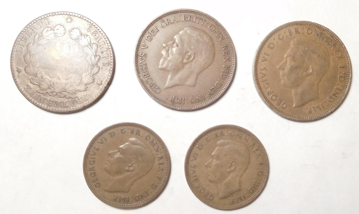 LOT OF 1896 TEN FRENCH CENTIMES, 1929 & 1940 BRITISH PENNY, 1943 & 1948 HALF PENNY (5 COINS)