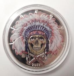 2017 1 OZ. COLORIZED INDIAN SKULL SILVER ROUND ENCAPSULATED